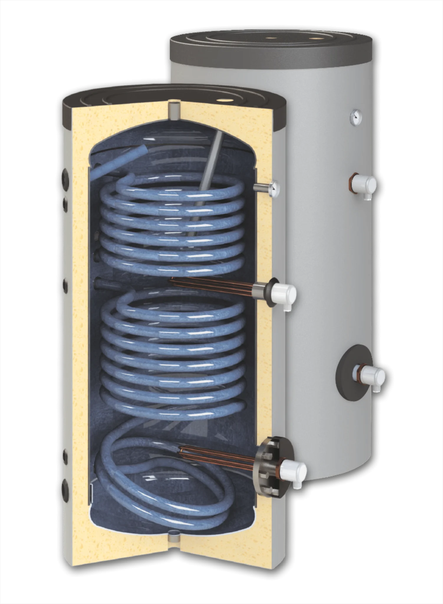 Komplettes Solarboilerset - 2x 30HP + Pufferspeicher mit Trinkwasserspirale und 2 Wärmetauschern (500L)