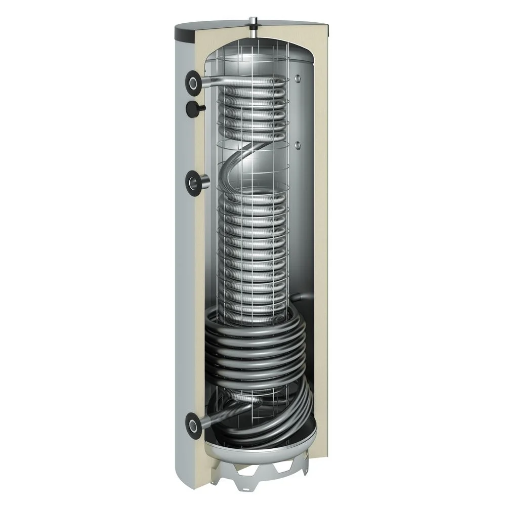 Komplettes Solarboilerset - 1x 30HP + Pufferspeicher mit Trinkwasserspirale und 1 Wärmetauscher (200L)